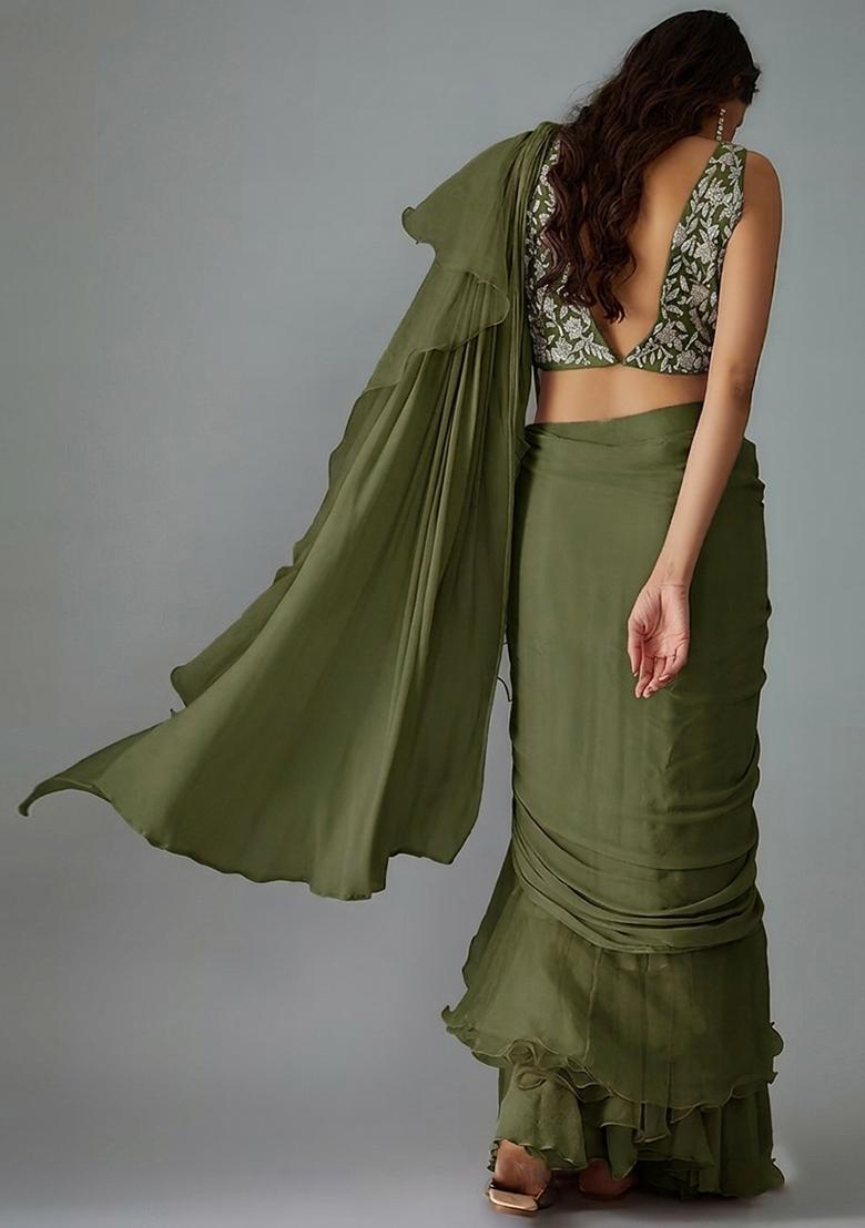 Olive Green Handwork Pre Draped Saree Set - Indya