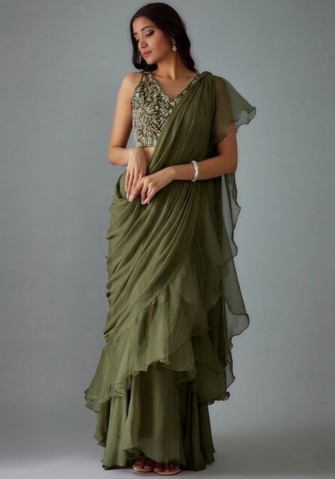 Olive Green Embroidered Handwork Pre Draped Saree Set