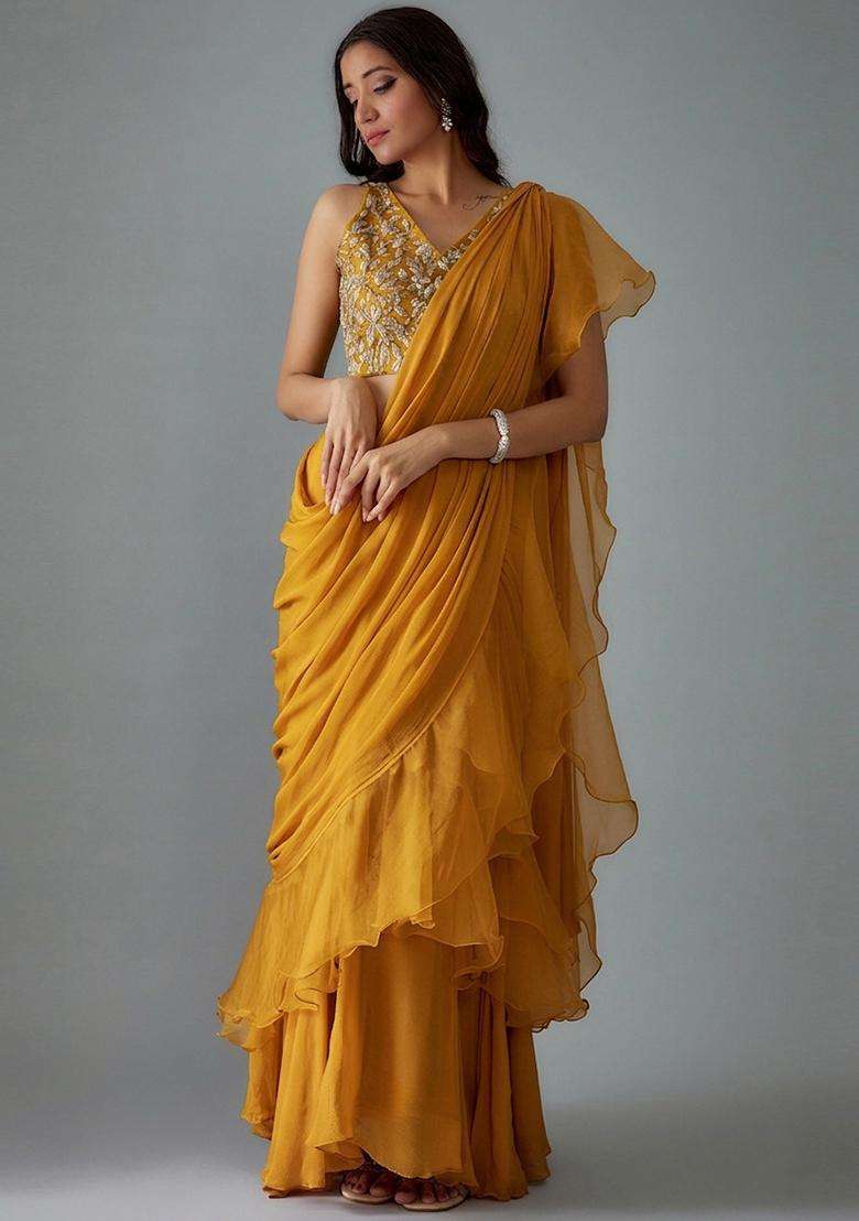 Mustard Yellow Handwork Pre Draped Saree Set - Indya