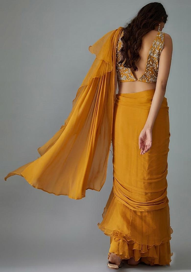 Mustard Yellow Handwork Pre Draped Saree Set - Indya