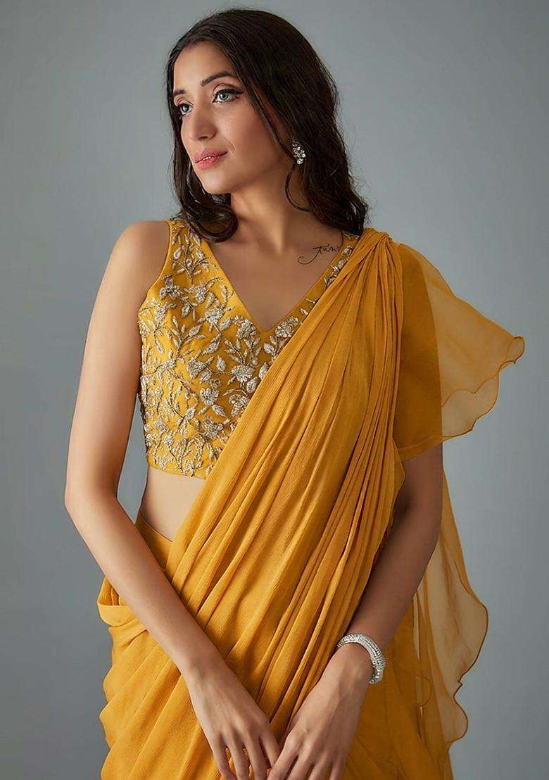 Mustard Yellow Handwork Pre Draped Saree Set - Indya