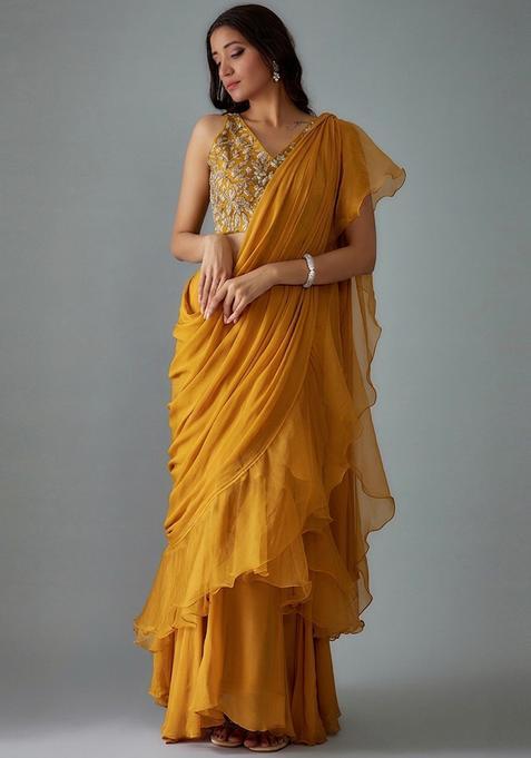 Golden Embroidered Handwork Pre Draped Saree Set