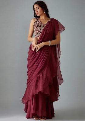 Wine Handwork Pre Draped Saree Set
