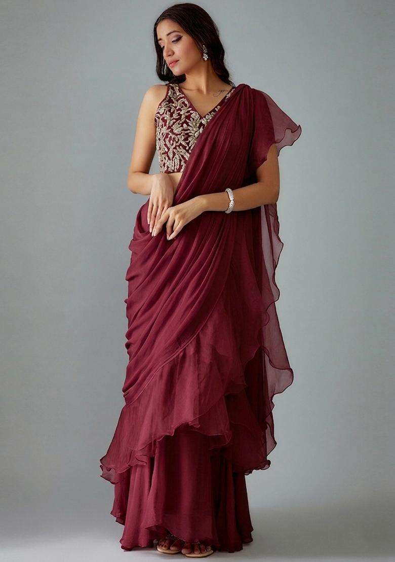 Wine Handwork Pre Draped Saree Set - Indya