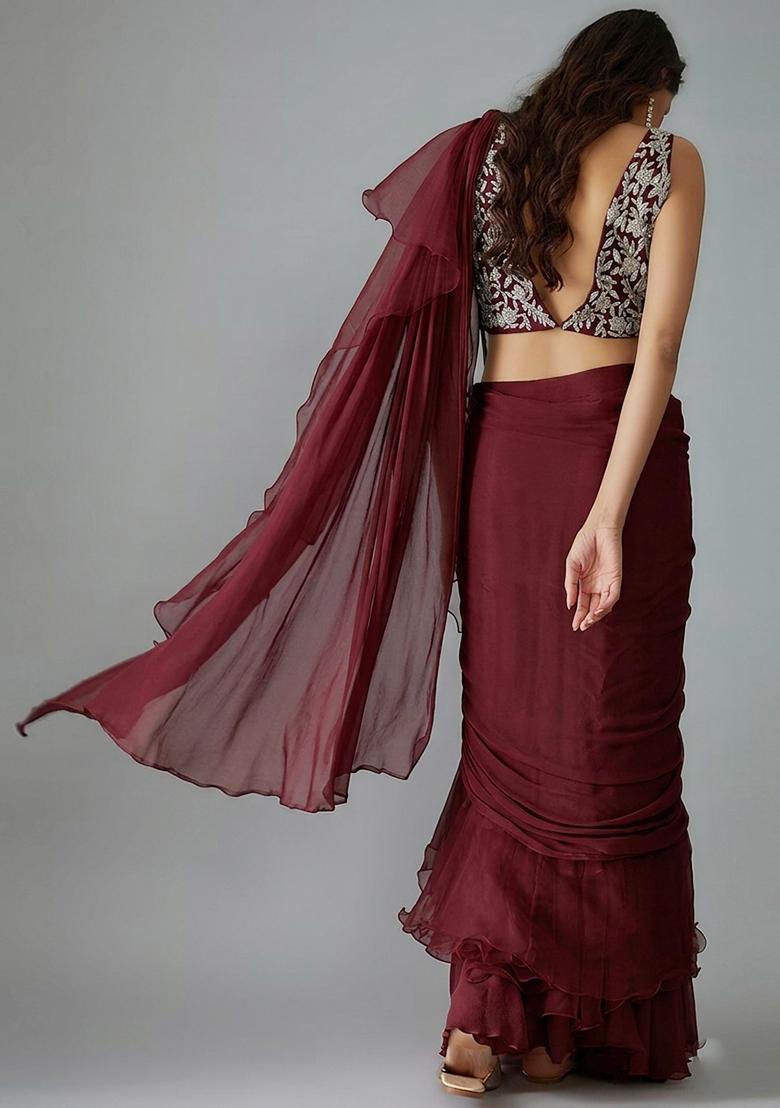 Wine Handwork Pre Draped Saree Set - Indya