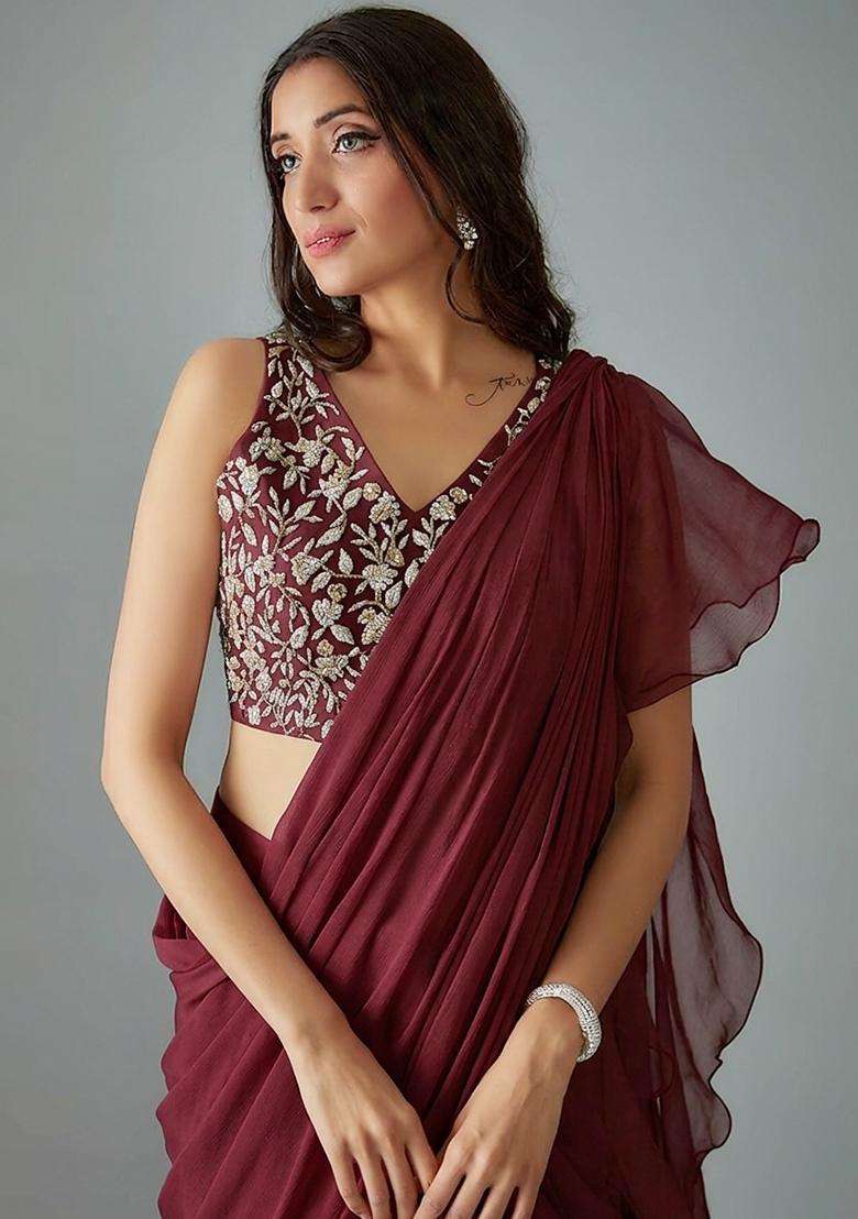 Wine Handwork Pre Draped Saree Set - Indya
