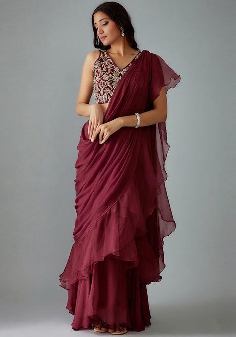 Red Embroidered Handwork Pre Draped Saree Set