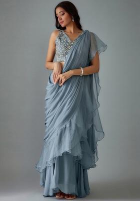 Dusty Blue Handwork Pre Draped Saree Set