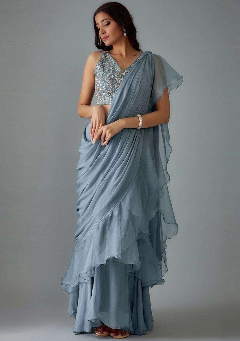 Dusty Blue Handwork Pre Draped Saree Set - Indya
