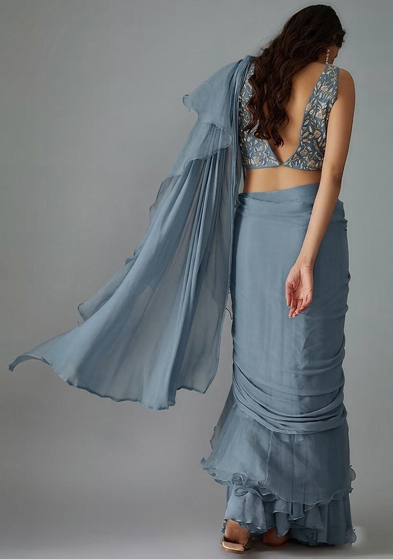 Dusty Blue Handwork Pre Draped Saree Set - Indya