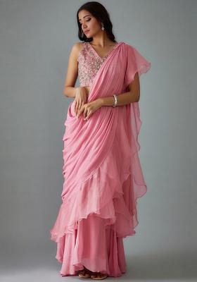 Baby Pink Handwork Pre Draped Saree Set
