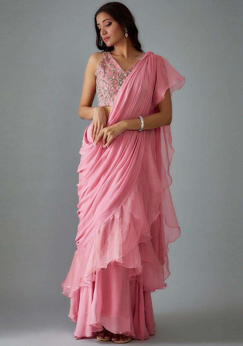 Baby Pink Handwork Pre Draped Saree Set - Indya