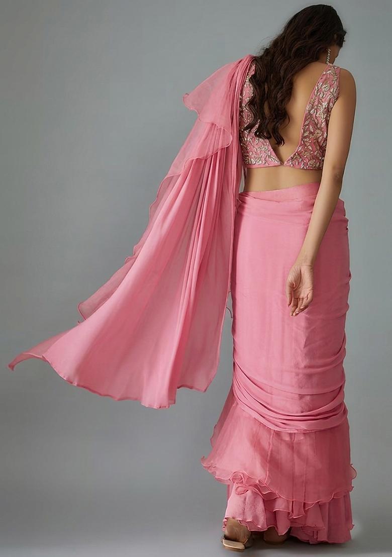 Baby Pink Handwork Pre Draped Saree Set - Indya