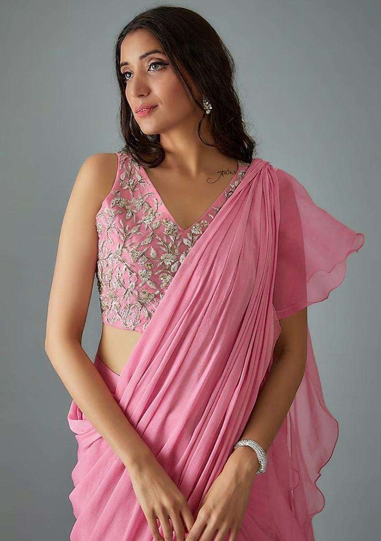 Baby Pink Handwork Pre Draped Saree Set - Indya