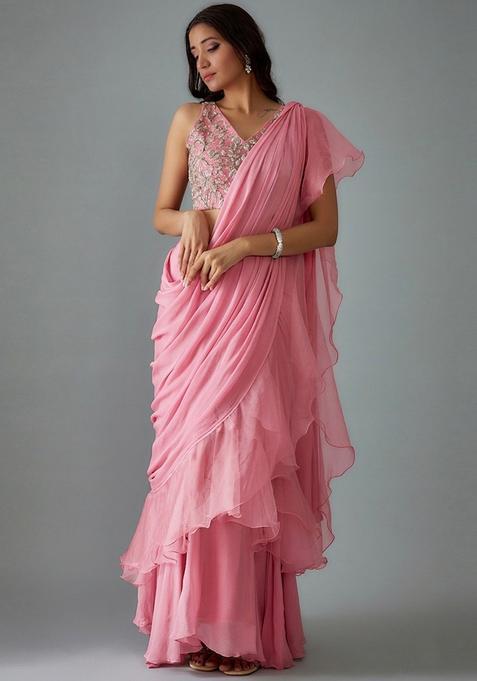 Pink Embroidered Handwork Pre Draped Saree Set