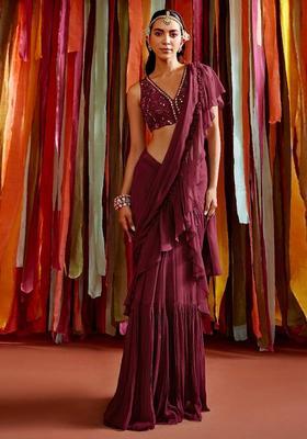 Wine Handwork Pre Draped Saree Set