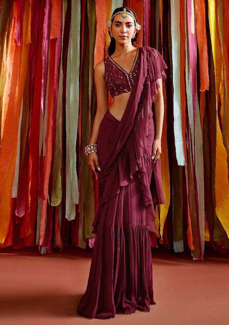 Wine Handwork Pre Draped Saree Set - Indya