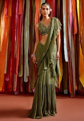 Olive Green Handwork Pre Draped Saree Set