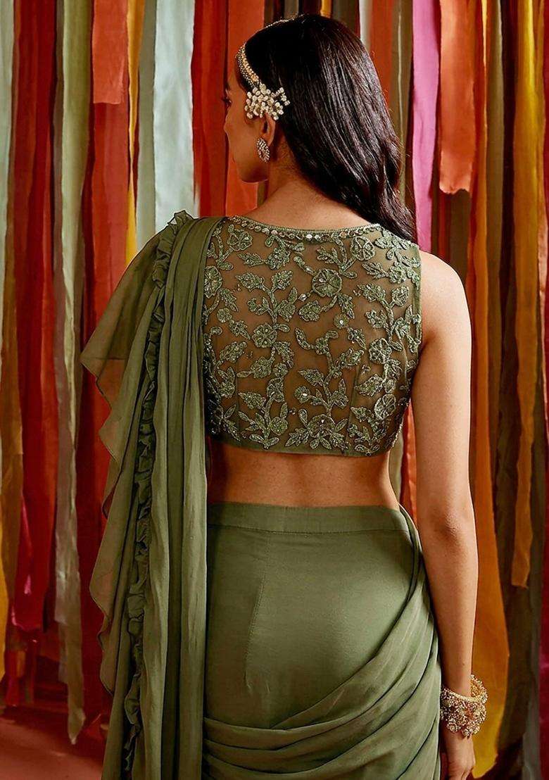 Olive Green Handwork Pre Draped Saree Set - Indya