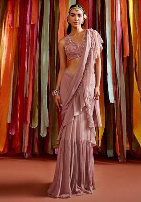 Mauve Pink Handwork Pre Draped Saree Set
