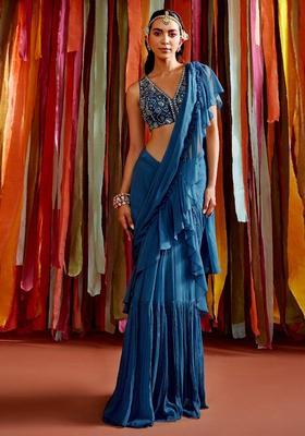 Teal Blue Handwork Pre Draped Saree Set
