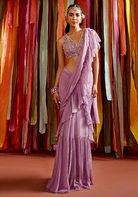 Wine Embroidered Handwork Pre Draped Saree Set