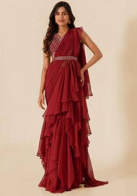 Maroon Handwork Pre Draped Saree Set