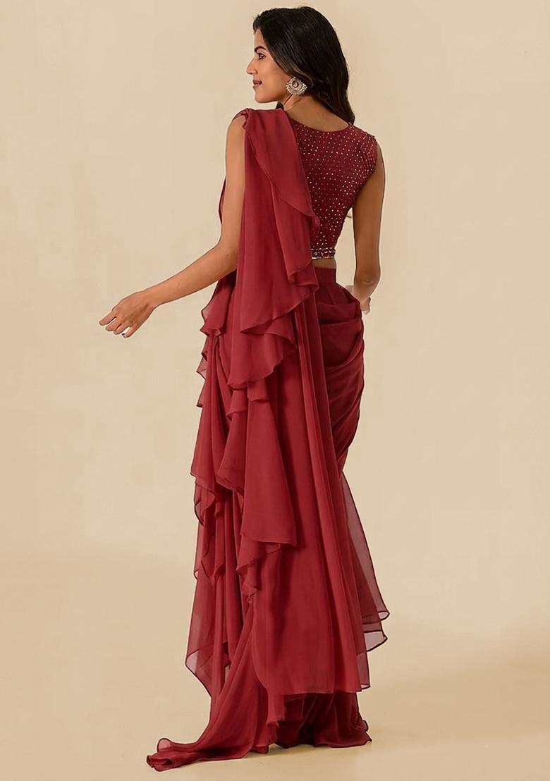 Maroon Handwork Pre Draped Saree Set - Indya