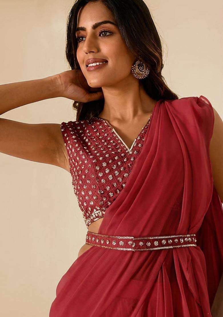 Maroon Handwork Pre Draped Saree Set - Indya