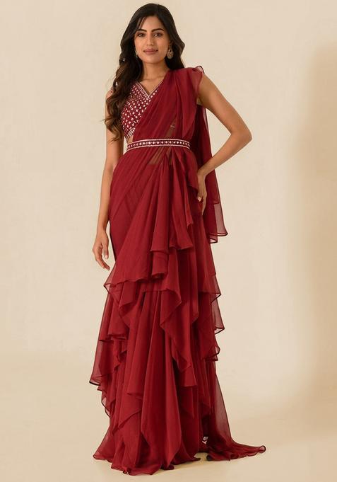 Maroon Red Embroidered Handwork Pre Draped Saree Set