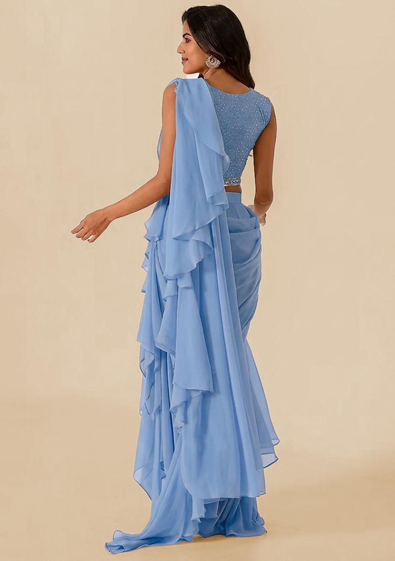 Steel Blue Handwork Pre Draped Saree Set - Indya