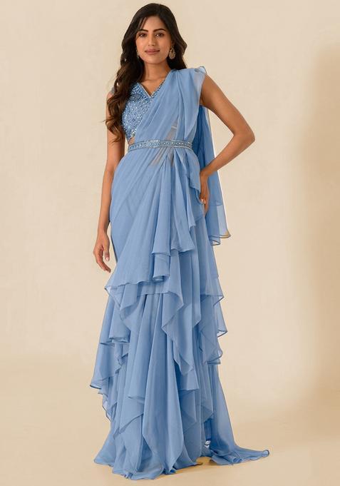 Blue Embroidered Handwork Pre Draped Saree Set