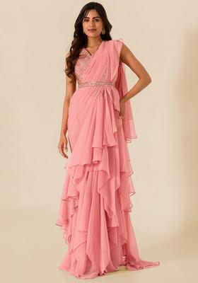 Rose Pink Handwork Pre Draped Saree Set