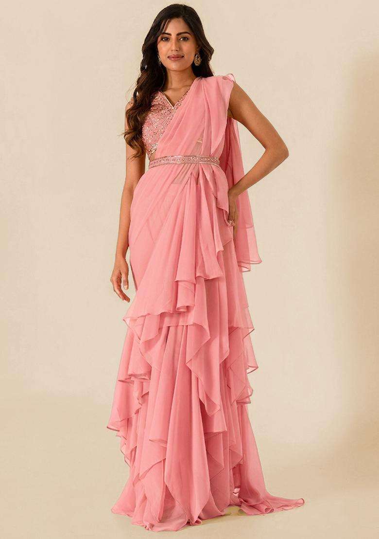 Rose Pink Handwork Pre Draped Saree Set - Indya