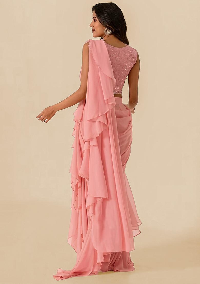 Rose Pink Handwork Pre Draped Saree Set - Indya