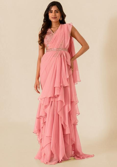 Pink Embroidered Handwork Pre Draped Saree Set