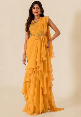 Yellow Handwork Pre Draped Saree Set