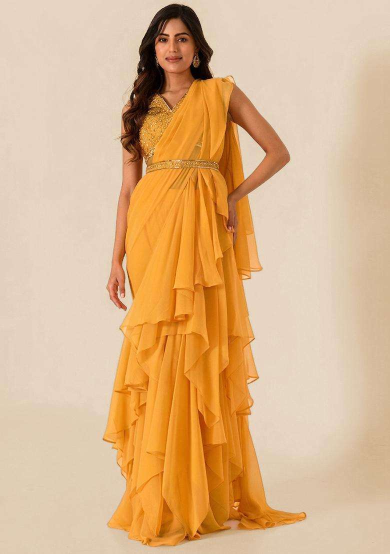 Yellow Handwork Pre Draped Saree Set - Indya