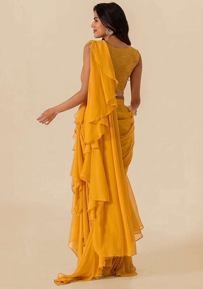 Yellow Handwork Pre Draped Saree Set - Indya