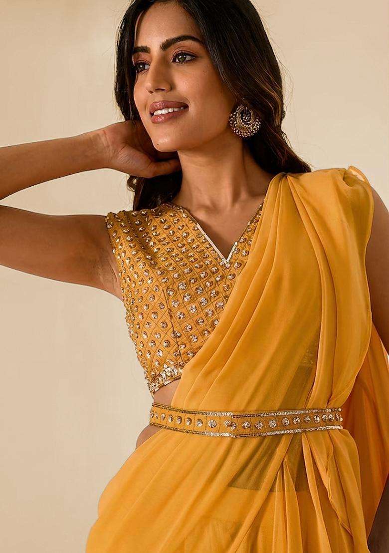 Yellow Handwork Pre Draped Saree Set - Indya