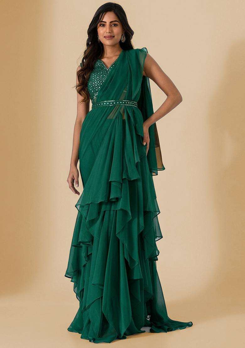 Emerald Green Handwork Pre Draped Saree Set - Indya