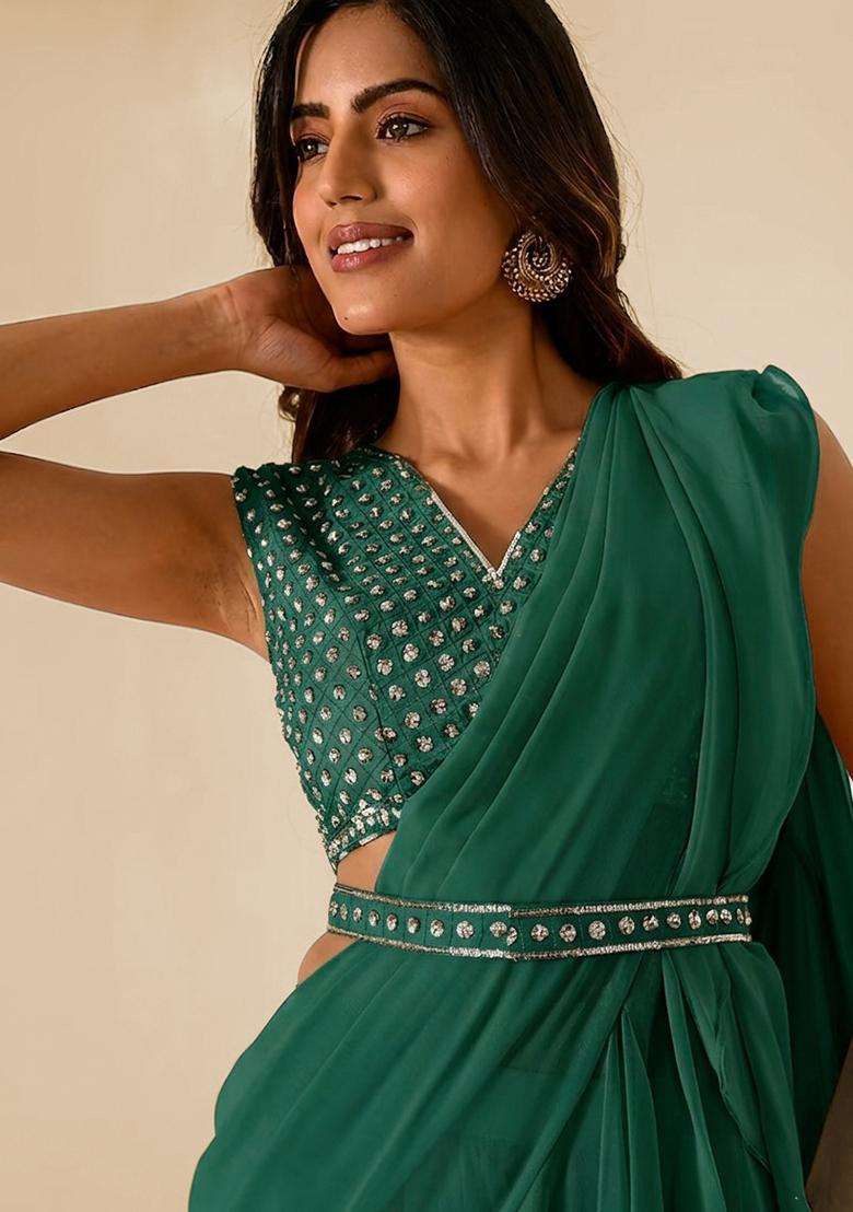 Emerald Green Handwork Pre Draped Saree Set - Indya
