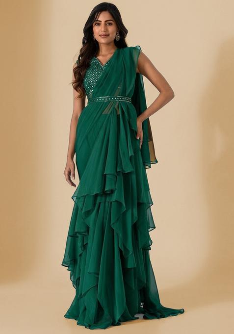 Green Embroidered Handwork Pre Draped Saree Set