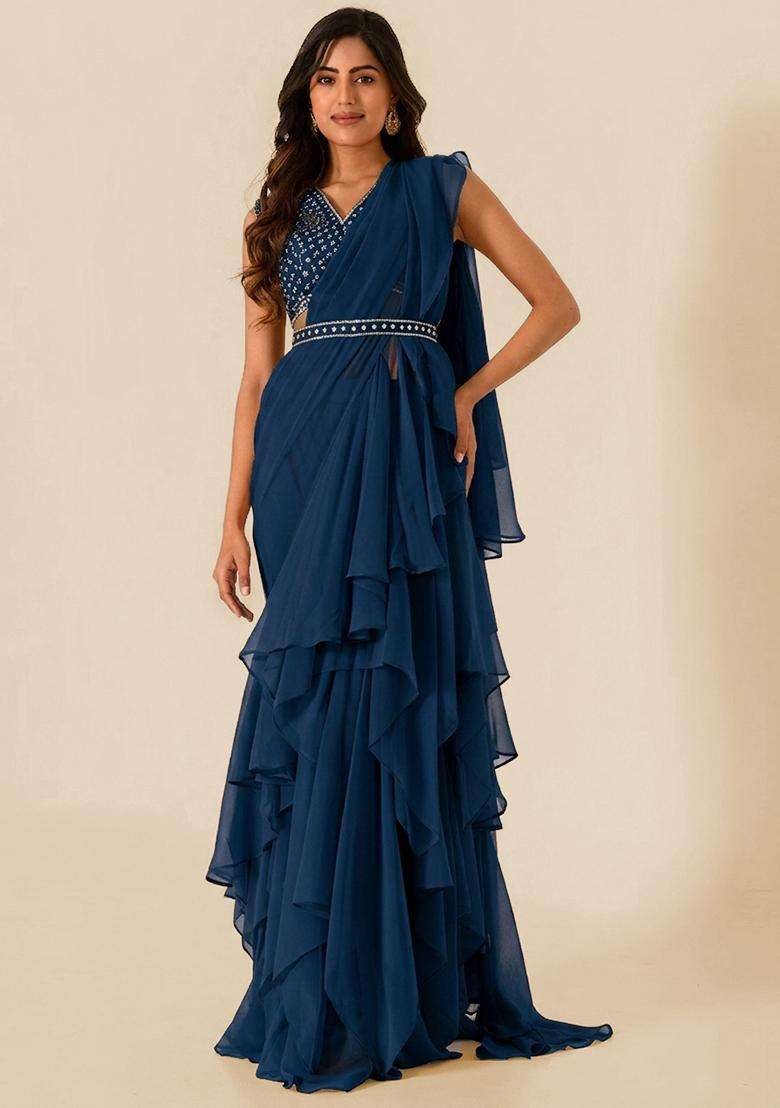 Navy Blue Handwork Pre Draped Saree Set - Indya