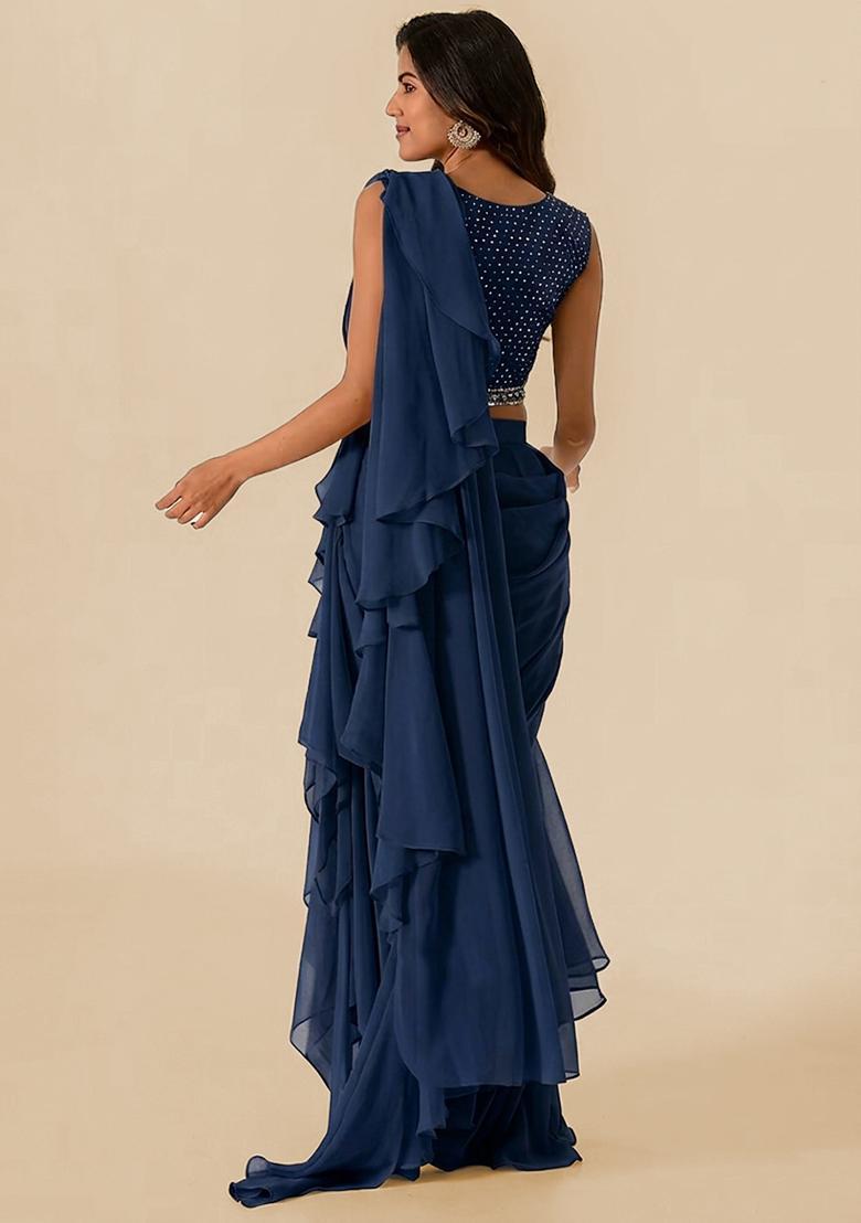 Navy Blue Handwork Pre Draped Saree Set - Indya