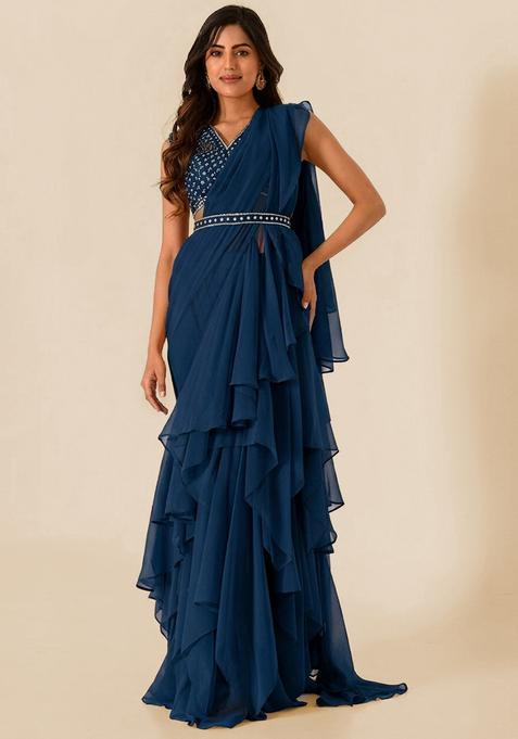 Blue Embroidered Handwork Pre Draped Saree Set