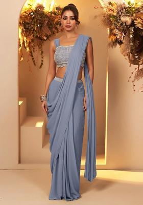 Powder Blue Handwork Pre Draped Saree Set