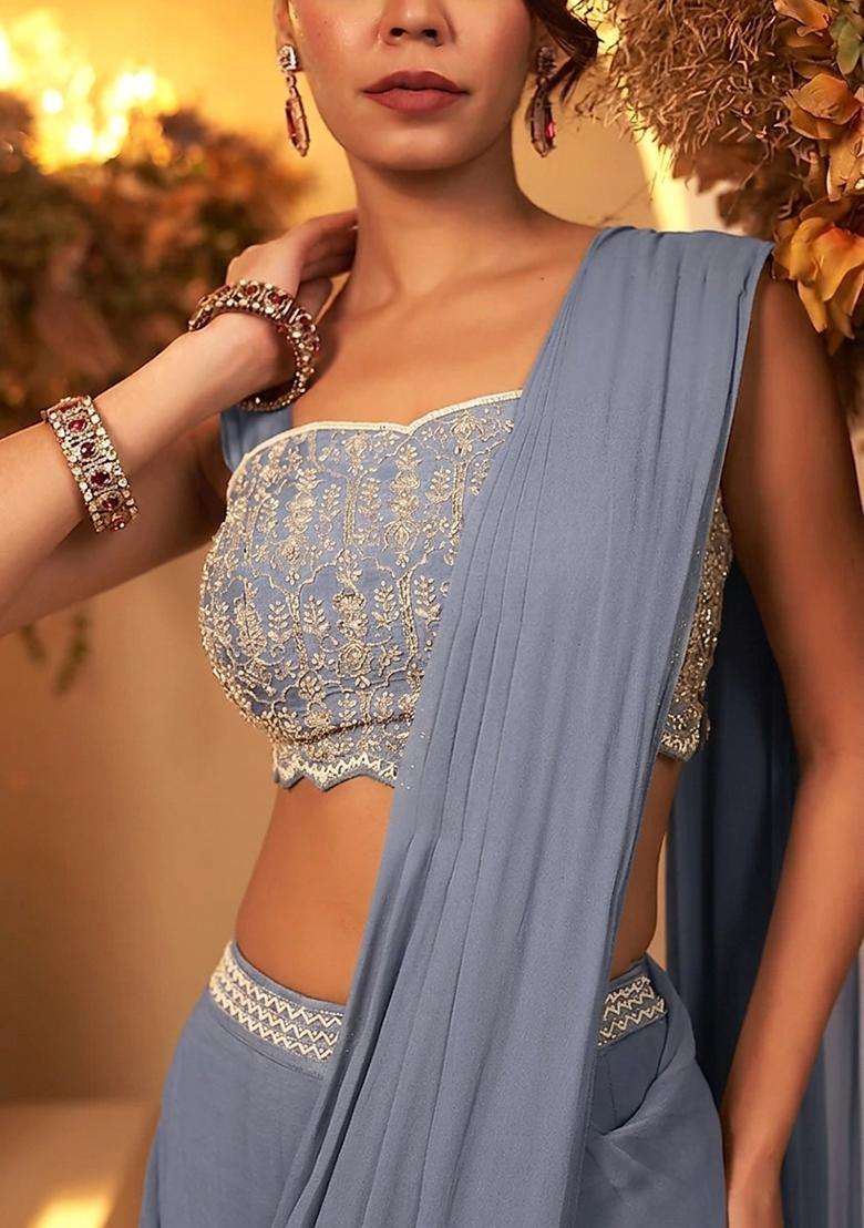 Powder Blue Handwork Pre Draped Saree Set - Indya