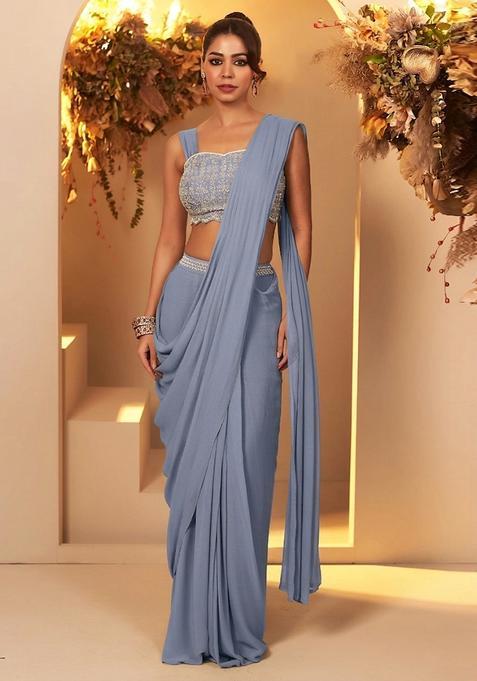 Steel Blue Grey Embroidered Handwork Pre Draped Saree Set