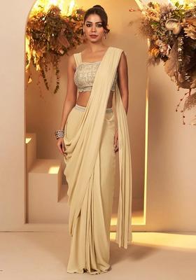 Cream Yellow Handwork Pre Draped Saree Set